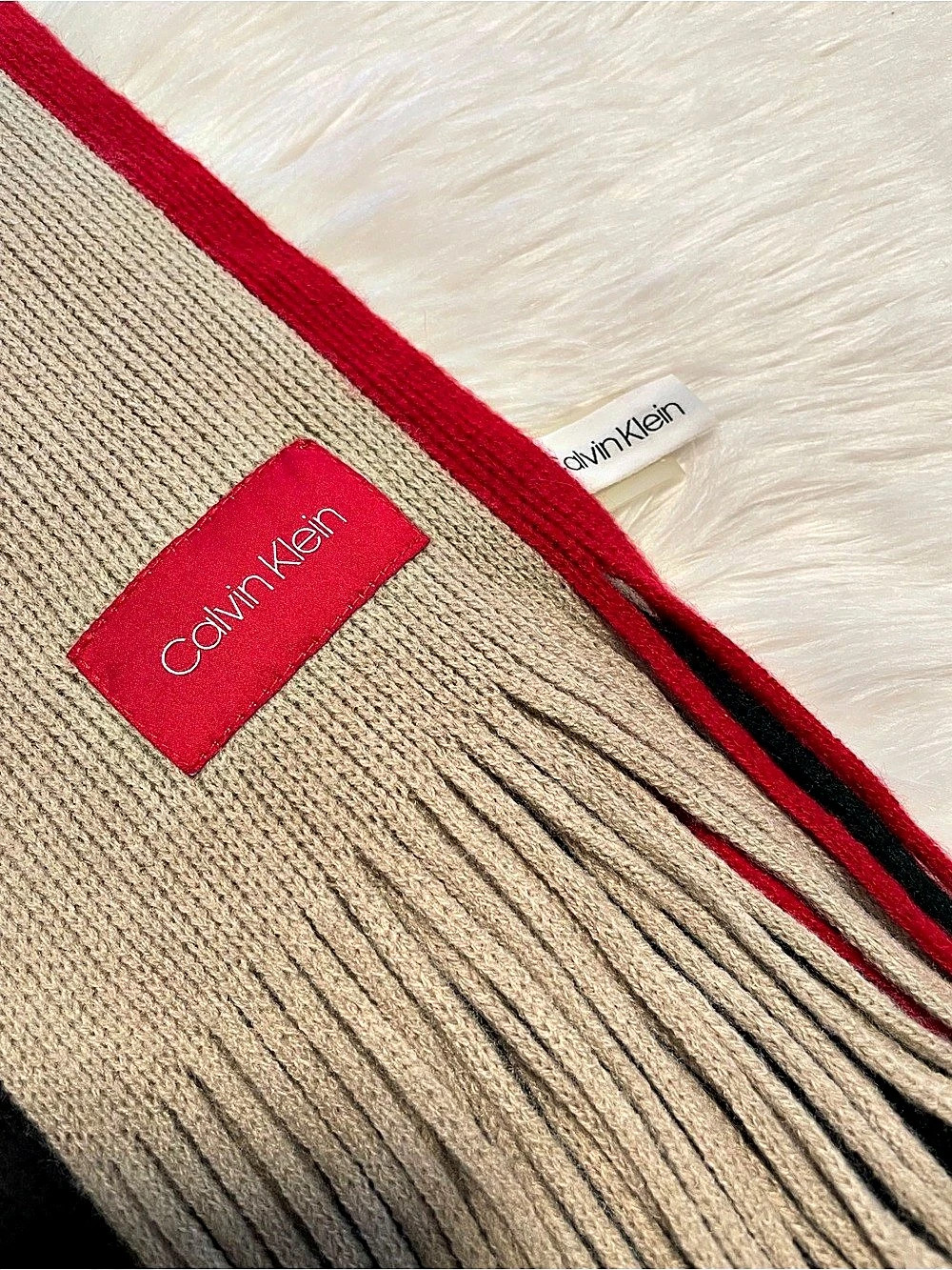 Calvin Klein Color Block Fringe Scarf in Brown & Black Like New